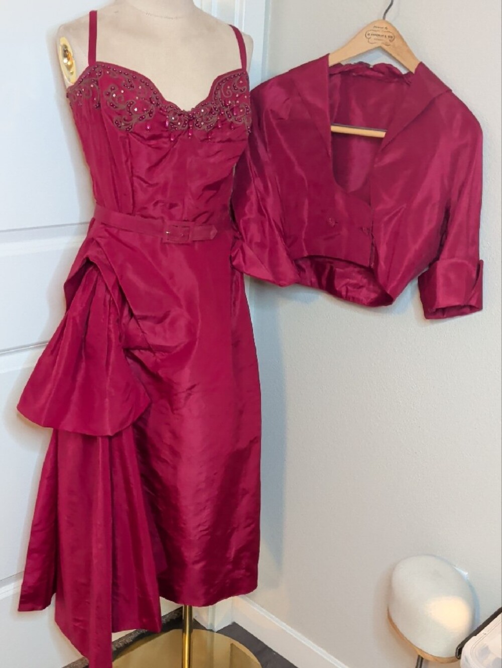 Vintage 60s Bullocks Formal Dress & Jacket Ruby Red Beaded w/ Bustle SZ S MCM